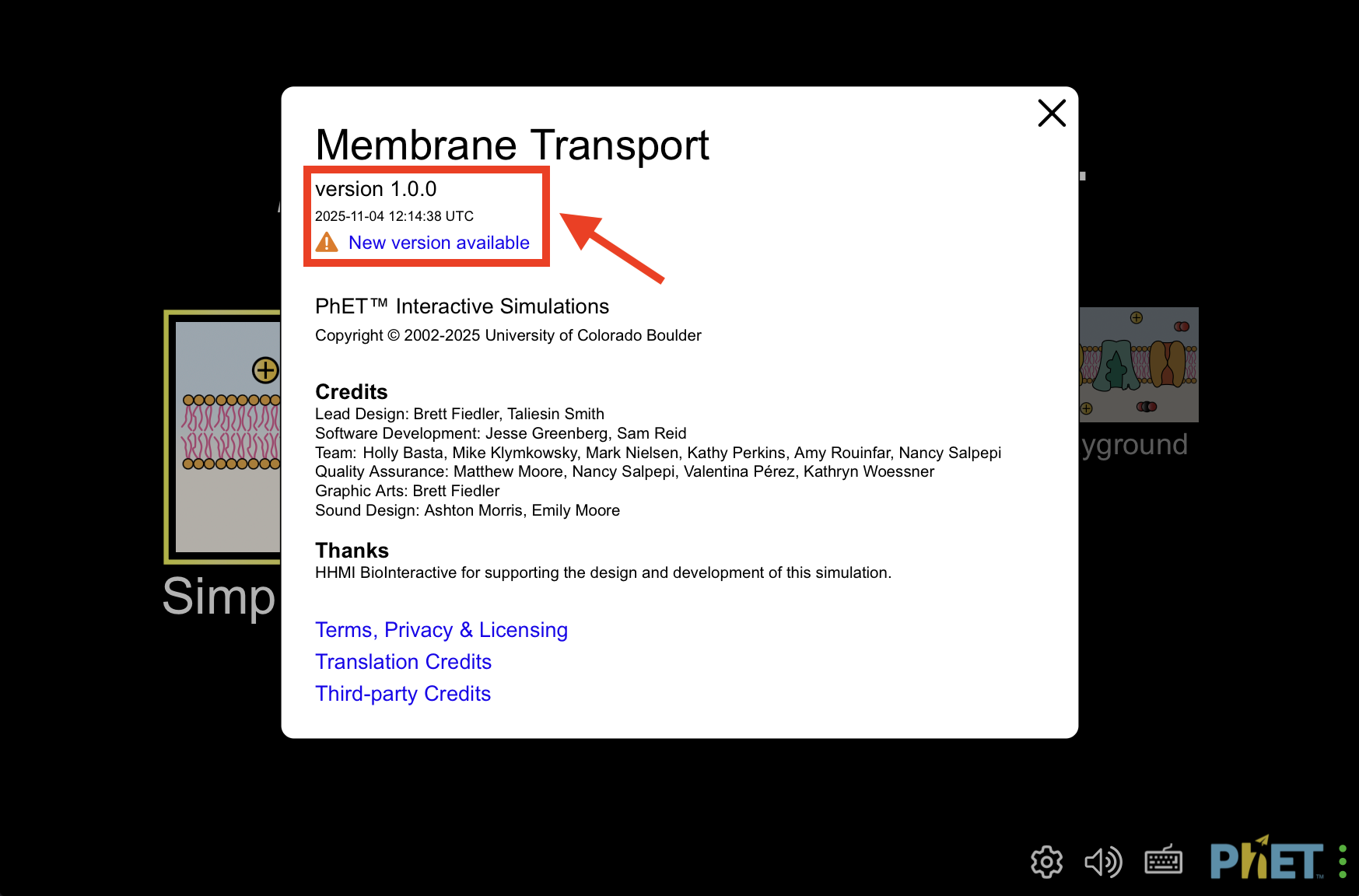 Screenshot of PhET Simulation About Dialog highlighting a publication date prior to March 29, 2026.